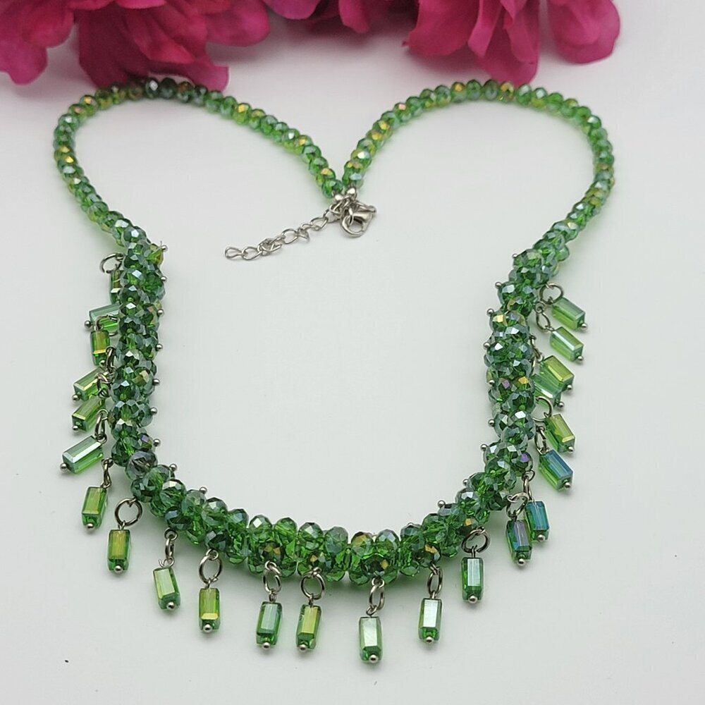 Green Rondelle Faceted Crystal Beaded Fringe Necklace 25 Inch Lobster Clasp